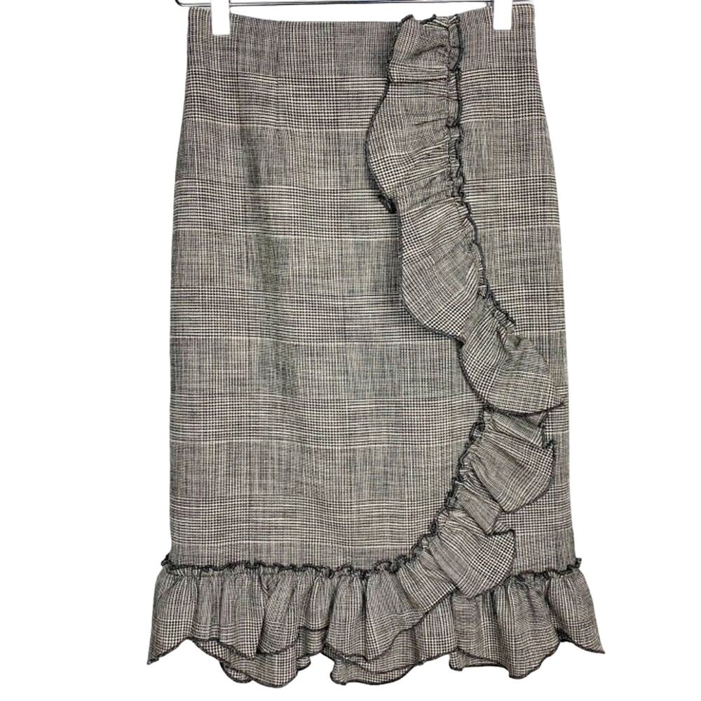 Rebecca Taylor black & white Plaid Ruffle pencil Skirt menswear size 0 new $395